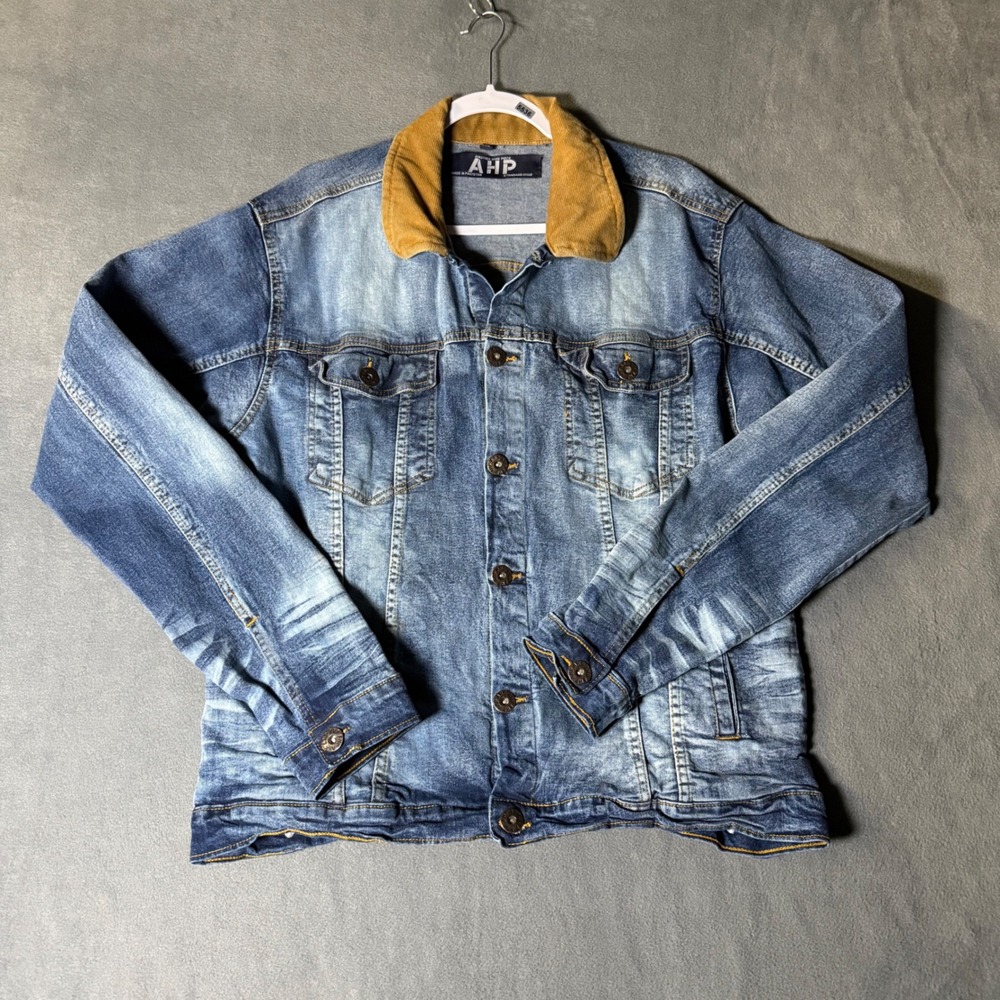 AHP Mens XL Blue Denim Trucker Jacket Corduroy Collar Sandblasted Stretch Cotton